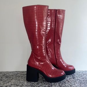 ASOS red croc knee high boots